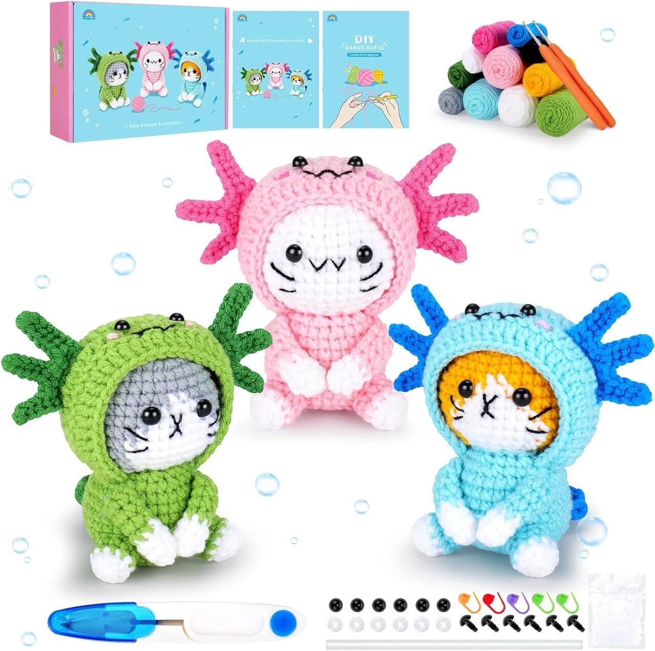Crochet Kit for Beginners - 3 PCS Axolotl Cat Crochet Kits with Step-by-Step Video Tutorials, Beginner Crochet Kit for Adults